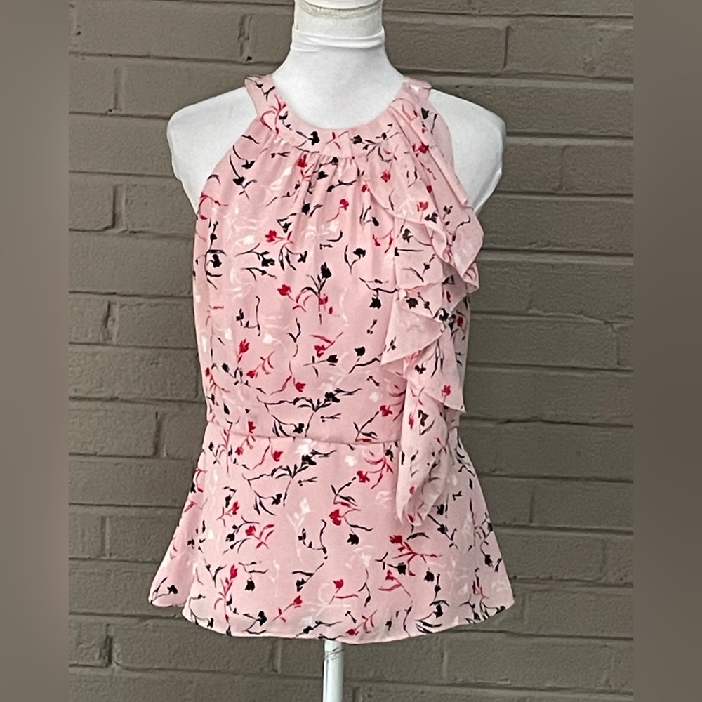 White House Black Market Pink Floral Ruffle Halter Blouse